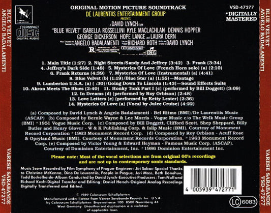 Angelo Badalamenti : Blue Velvet (Original Motion Picture Soundtrack) (CD, Album, RE)