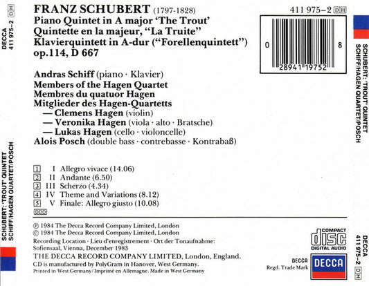 Franz Schubert — András Schiff, Hagen Quartett, Alois Posch : Trout Quintet (CD, Album, RP)
