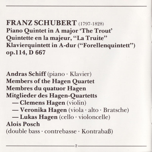 Franz Schubert — András Schiff, Hagen Quartett, Alois Posch : Trout Quintet (CD, Album, RP)
