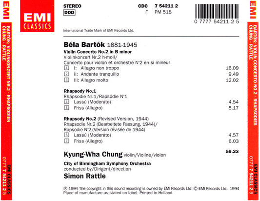 Béla Bartók, Kyung-Wha Chung, Sir Simon Rattle, City Of Birmingham Symphony Orchestra : Violin Concerto No. 2 - Rhapsodies Nos. 1 & 2 (CD, Album)