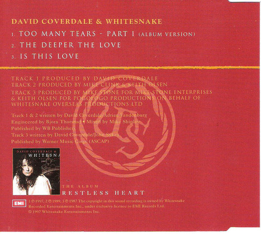 David Coverdale & Whitesnake : Too Many Tears (CD, Single)