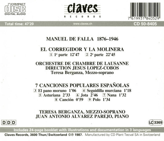 Manuel De Falla : El Corregidor Y La Molinera - 7 Canciones Populares Españolas (CD)