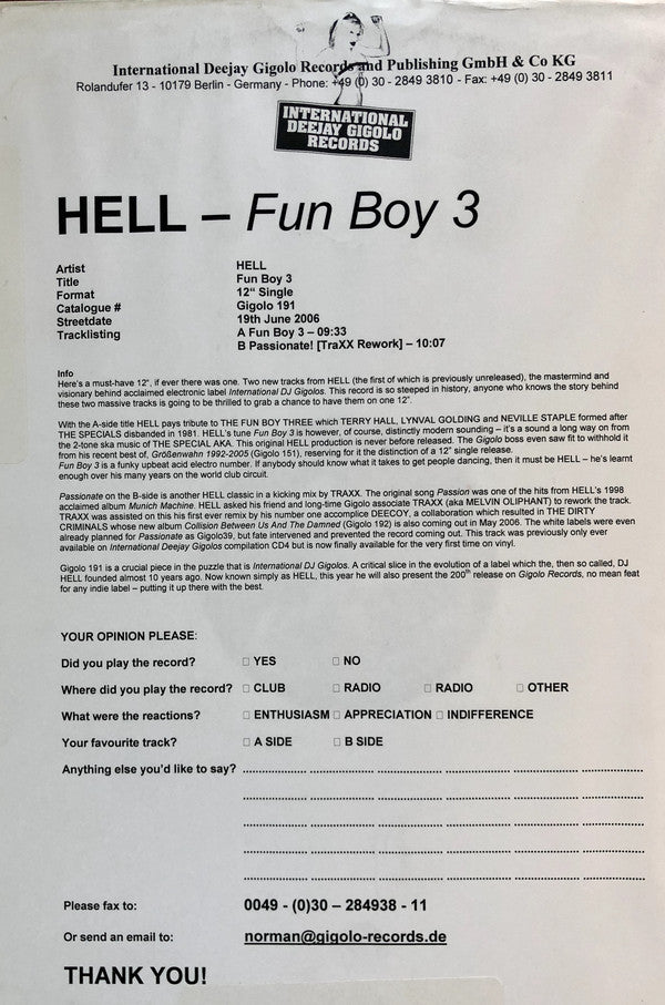 Hell : Fun Boy 3 (12")