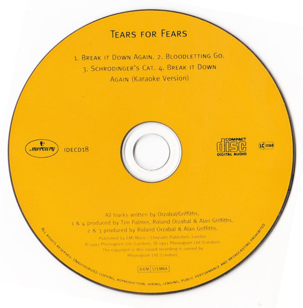 Tears For Fears : Break It Down Again (CD, Single)