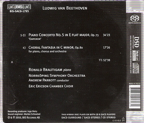 Ludwig van Beethoven - Ronald Brautigam, Norrköping Symphony Orchestra, Andrew Parrott : Piano Concerto No. 5 / Choral Fantasia (SACD, Hybrid, Multichannel, Album, Sup)