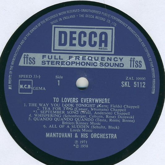 Mantovani And His Orchestra : To Lovers Everywhere (LP)