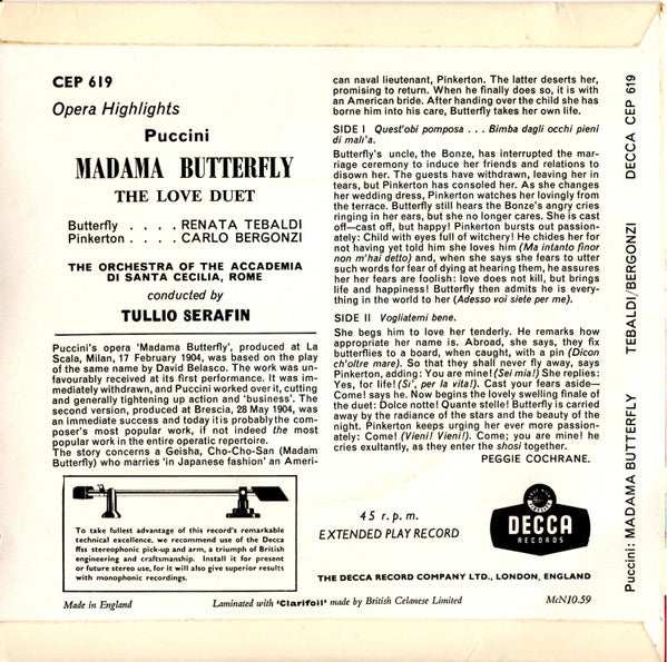 Giacomo Puccini, Renata Tebaldi, Carlo Bergonzi, Orchestra dell'Accademia Nazionale di Santa Cecilia, Tullio Serafin : Madama Butterfly - Love Duet, Act I (7", EP)