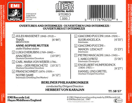 Anne-Sophie Mutter, Berliner Philharmoniker, Herbert von Karajan : Méditation - Ouvertures & Intermezzi (CD)