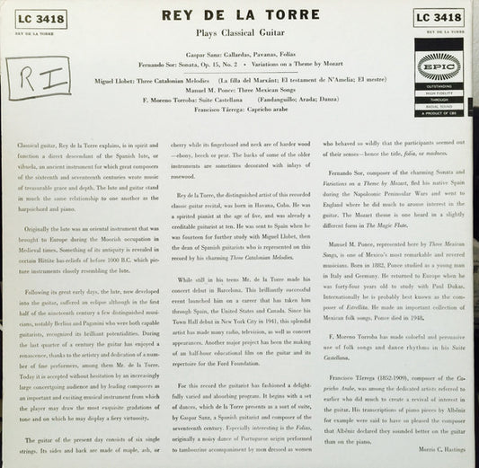 Rey De La Torre : Plays Classical Guitar (LP, Album)
