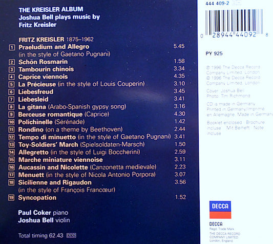 Fritz Kreisler - Joshua Bell, Paul Coker : The Kreisler Album (CD, Album)