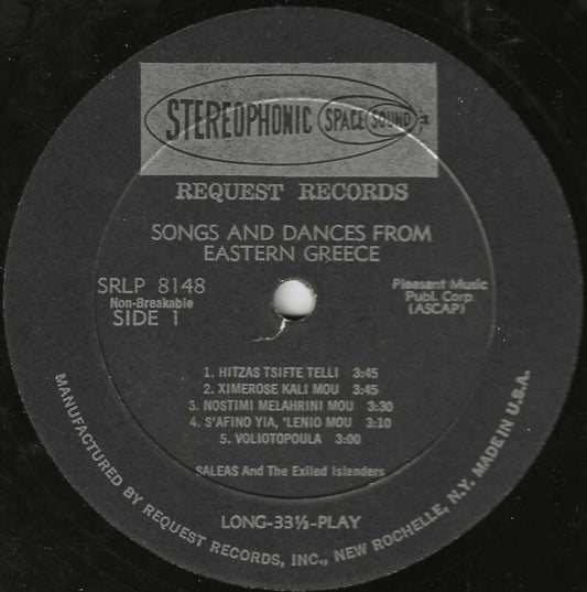 Βασίλης Σαλέας (2) - Μπέμπα Διαμαντοπούλου - Γιώργος Ράντης - Στέφανος Βαρλάμος - Ιωσήφ Κιορχαντζιάν, Μιχάλης Χιώτης, Στάθης Θεσσαλονικιός : Songs And Dances From Eastern Greece (LP)