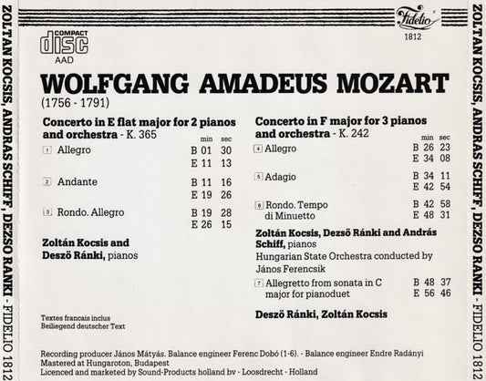 Wolfgang Amadeus Mozart - Zoltán Kocsis, András Schiff, Dezső Ránki, Hungarian State Orchestra conducted by János Ferencsik : Concertos For 2 & 3 Pianos (CD, Album)