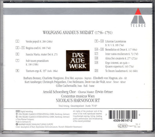 Wolfgang Amadeus Mozart, Barbara Bonney, Charlotte Margiono, Eva Mei, Elisabeth Von Magnus, Kurt Azesberger, Uwe Heilmann, Christoph Prégardien, Deon van der Walt, Gilles Cachemaille, Arnold Schoenberg Chor, Concentus Musicus Wien, Nikolaus Harnoncourt : Mozart: Litanie K. 109 ; Regina Coeli K. 108 ; Concentus Musicus Wien ; Harnoncourt (CD, Album)