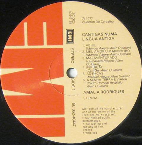 Amália Rodrigues : Cantigas Numa Língua Antiga (LP, Album)