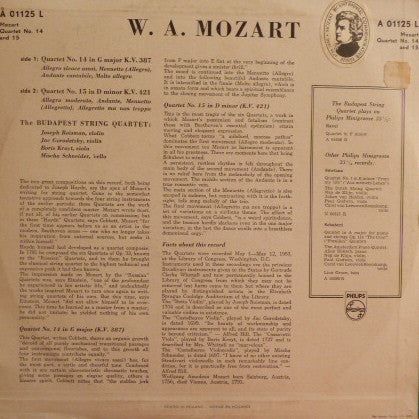 Wolfgang Amadeus Mozart, Budapest String Quartet : Quartet No. 14 In G Minor K.V. 387 - Quartet No. 15 In D Minor K.V. 421 (LP, Mono)