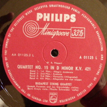 Wolfgang Amadeus Mozart, Budapest String Quartet : Quartet No. 14 In G Minor K.V. 387 - Quartet No. 15 In D Minor K.V. 421 (LP, Mono)
