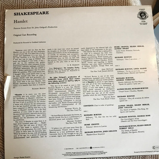 Various : Famous Scenes From Sir John Gielgud's Production Of William Shakespeare's Hamlet (LP, Album)