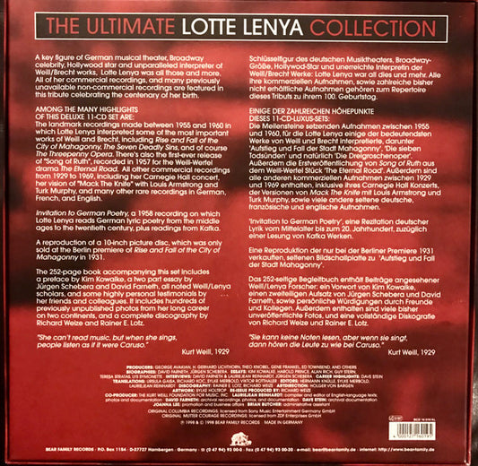 Lotte Lenya : Lenya (11xCD, Comp, RM + 10", Single, Ltd, Pic + Box, Com)