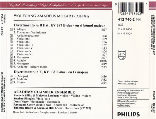 Wolfgang Amadeus Mozart - Academy Of St. Martin-in-the-Fields Chamber Ensemble : Divertimenti KV 138 & KV 287 (CD, Album)