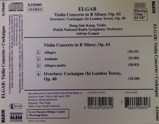 Sir Edward Elgar, Dong-Suk Kang, Wielka Orkiestra Symfoniczna Polskiego Radia I Telewizji, Adrian Leaper : Violin Concerto In B Minor, Op. 61 / Overture: Cockaigne (In London Town), Op.40 (CD, Album)