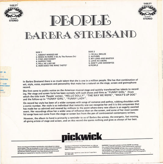 Barbra Streisand : People (LP, Album, RE)