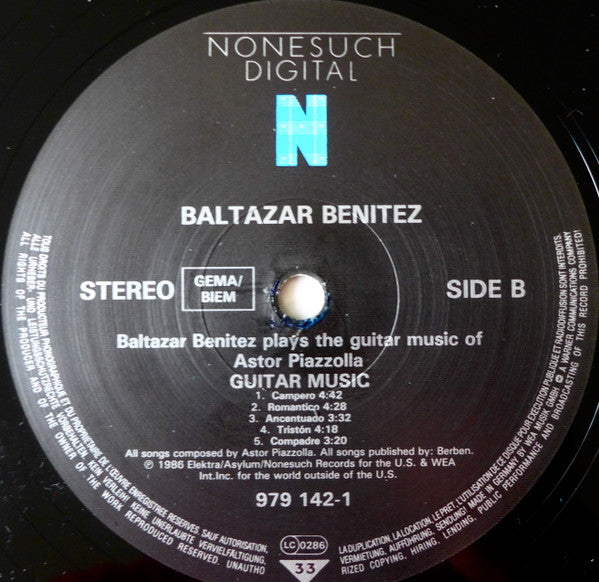 Baltazar Benitez : Plays The Guitar Music Of Astor Piazzolla (LP, Album)