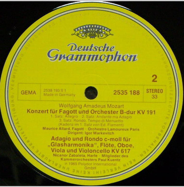 Wolfgang Amadeus Mozart, Karl Leister, Rafael Kubelik, Berliner Philharmoniker, Maurice Allard, Orchestre Des Concerts Lamoureux, Nicanor Zabaleta, Igor Markevitch, Orchestre De Chambre Paul Kuentz : Klarinettenkonzert / Fagottkonzert / Adagio und Rondo KV 617 (LP, Comp)