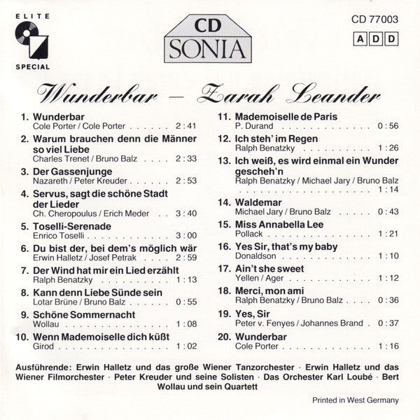 Zarah Leander : Wunderbar - Welterfolge Mit Zarah Leander (CD, Comp)