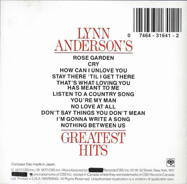 Lynn Anderson : Lynn Anderson's Greatest Hits (CD, Comp, RE)