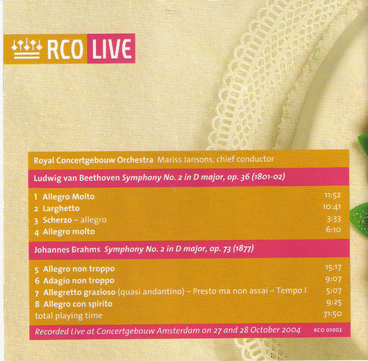 Ludwig van Beethoven, Johannes Brahms - Concertgebouworkest, Mariss Jansons : Beethoven > Symphony No. 2 - Brahms > Symphony No. 2 (SACD, Hybrid, Multichannel, Album)