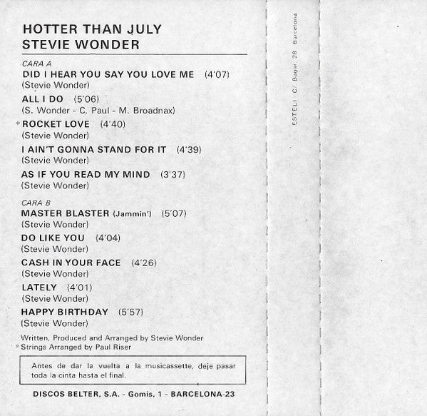 Stevie Wonder : Hotter Than July (Cass, Album, RE)