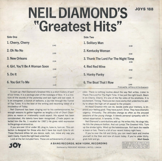 Neil Diamond : Neil Diamond's Greatest Hits (LP, Comp, RE, RM, Red)