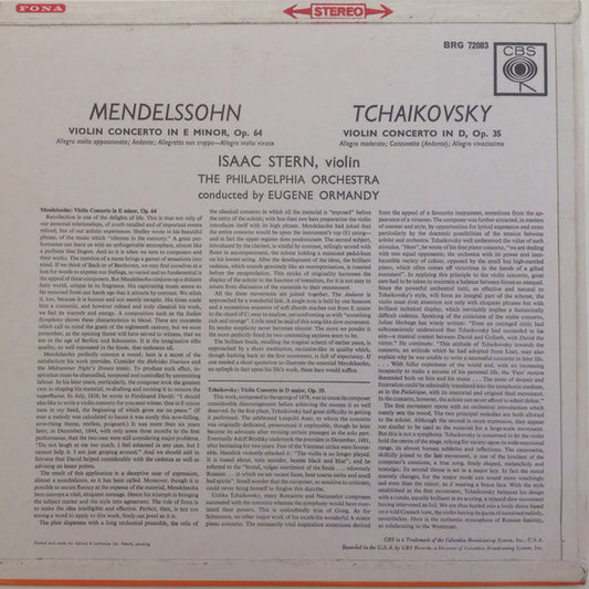Isaac Stern, Eugene Ormandy, The Philadelphia Orchestra, Pyotr Ilyich Tchaikovsky, Felix Mendelssohn-Bartholdy : Violin Concerto In D Major / Violin Concerto In E Minor (LP)