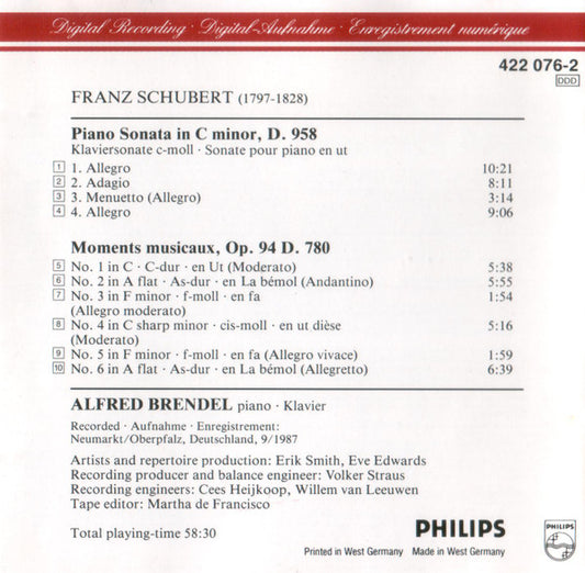Franz Schubert, Alfred Brendel : Piano Sonata In C Minor, D. 958 · Moments Musicaux, D. 780 (CD, Album)