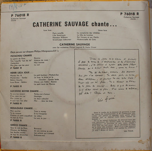 Catherine Sauvage : Catherine Sauvage Chante Ses Derniers Succès (10", Album)