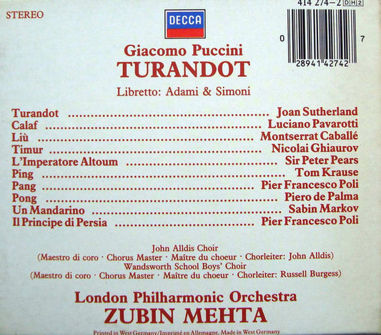 Giacomo Puccini - Joan Sutherland, Luciano Pavarotti, Montserrat Caballé, Nicolai Ghiaurov, Tom Krause, Peter Pears, John Alldis Choir, London Philharmonic Orchestra, Zubin Mehta : Turandot (2xCD, Album, Box)