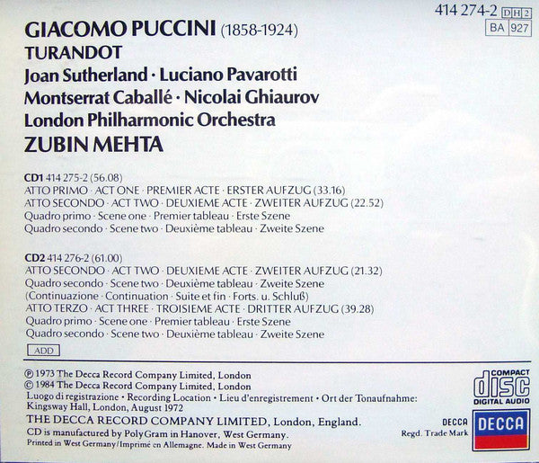 Giacomo Puccini - Joan Sutherland, Luciano Pavarotti, Montserrat Caballé, Nicolai Ghiaurov, Tom Krause, Peter Pears, John Alldis Choir, London Philharmonic Orchestra, Zubin Mehta : Turandot (2xCD, Album, Box)