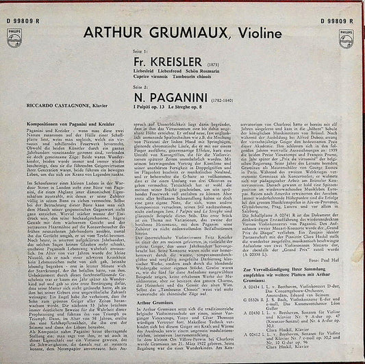 Fritz Kreisler / Niccolò Paganini - Arthur Grumiaux, Riccardo Castagnone : Liebesleid; Liebesfreud; Schön Rosmarin; Caprice Viennois; Tambourin Chinois; I Palpiti; Le Streghe (10", Mono)