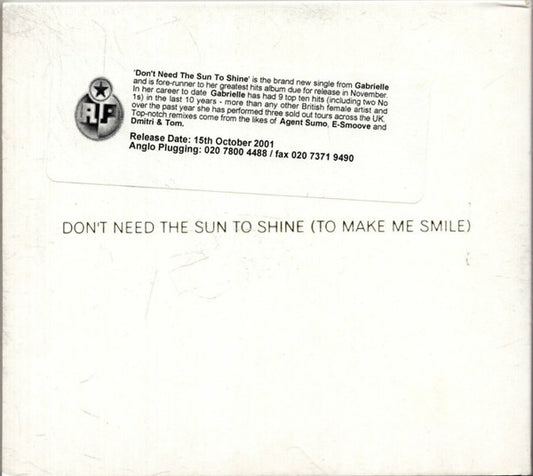 Gabrielle : Don't Need The Sun To Shine (To Make Me Smile) (CD, Single, Promo)