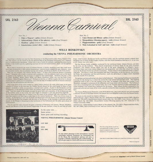 Wiener Philharmoniker Conductor Willi Boskovsky : Vienna Carnival - Music By Johann And Josef Strauss (LP)