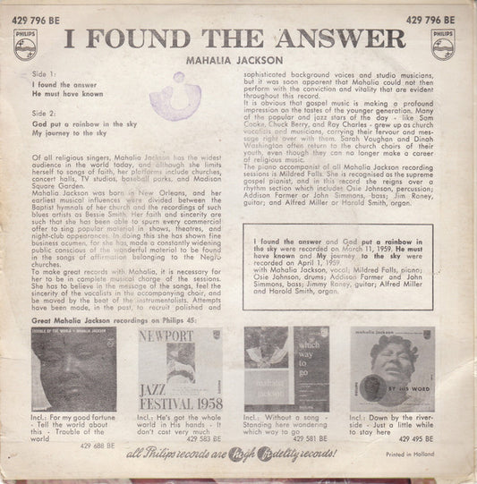 Mahalia Jackson : I Found The Answer (7", EP)