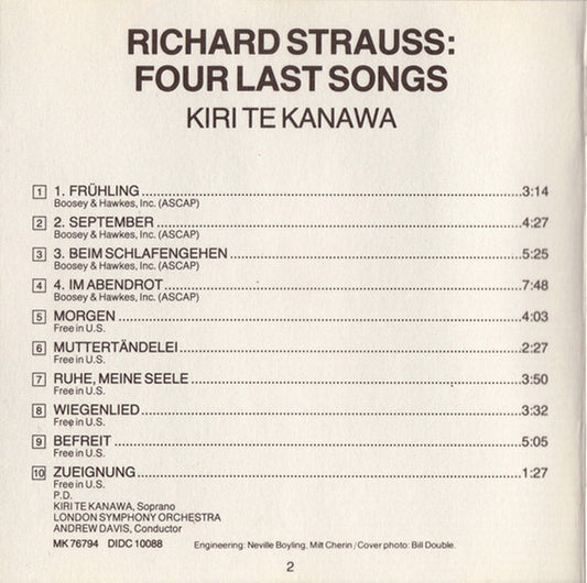 Kiri Te Kanawa, Richard Strauss, Andrew Davis, London Symphony Orchestra : Four Last Songs / Orchestral Songs (CD, RE)