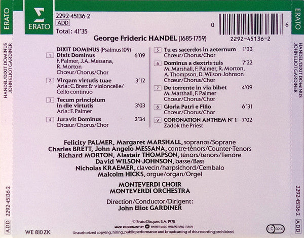 Georg Friedrich Händel, The Monteverdi Choir & The Monteverdi Orchestra, John Eliot Gardiner : Dixit Dominus - Coronation Anthem N° 1 (CD, Album, RE, RM)