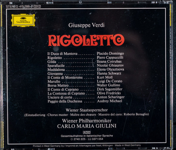 Giuseppe Verdi - Piero Cappuccilli · Ileana Cotrubas · Placido Domingo · Elena Obraztsova · Nicolai Ghiaurov · Kurt Moll · Hanna Schwarz · Wiener Staatsopernchor · Wiener Philharmoniker · Carlo Maria Giulini : Rigoletto (2xCD, Album, RE, RM + Box, Sli)