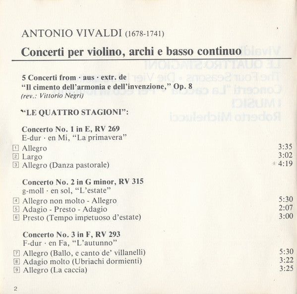Antonio Vivaldi - I Musici, Roberto Michelucci : Le Quattro Stagioni = The Four Seasons ・ Die Vier Jahreszeiten, Concerti "La Caccia" ・ "Per Eco In Lontano" (CD, Comp, RM)