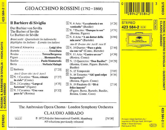 Gioacchino Rossini - Hermann Prey · Teresa Berganza · Luigi Alva · Enzo Dara · Paolo Montarsolo - London Symphony Orchestra - Claudio Abbado : Il Barbiere Di Siviglia (Highlights-Querschnitt-Extraits-Brani Scelti) (CD, Album)
