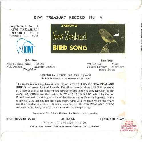 Kenneth Bigwood And Jean Bigwood Introduced By Gordon R. Williams : A Treasury Of New Zealand Bird Song: Record No. 4, Supplement No. 1 (7", EP, Red)
