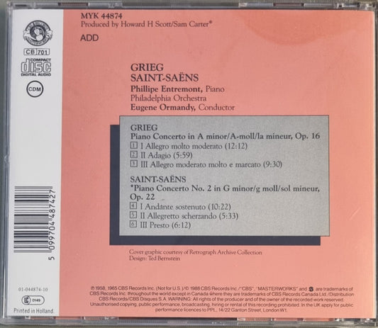 Edvard Grieg, Camille Saint-Saëns, Philippe Entremont, The Philadelphia Orchestra, Eugene Ormandy : Piano Concerto / Piano Concerto No. 2 (CD, Comp)