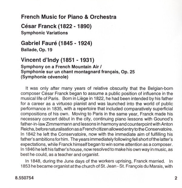 César Franck, Gabriel Fauré, Vincent d'Indy | François-Joël Thiollier, National Symphony Orchestra Of Ireland, Antonio De Almeida : French Music For Piano & Orchestra (CD, Album)
