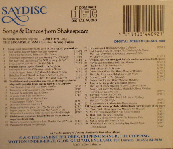 Deborah Roberts, John Potter (2), The Broadside Band : Songs & Dances From Shakespeare (CD, Album)